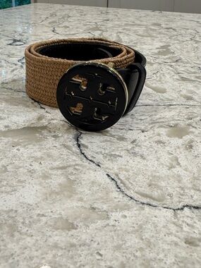 Tory Burch Black Leather and Woven Straw Miller Belt, Size Large